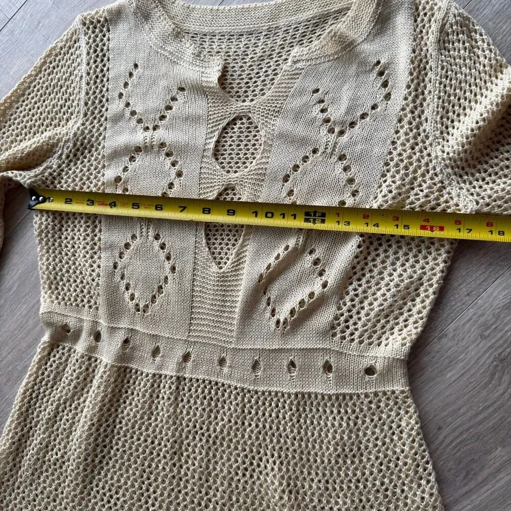 Women's Tan Crochet Cover-up Dress Large Bell Sleeves Cutouts Fairy Boho Beachy